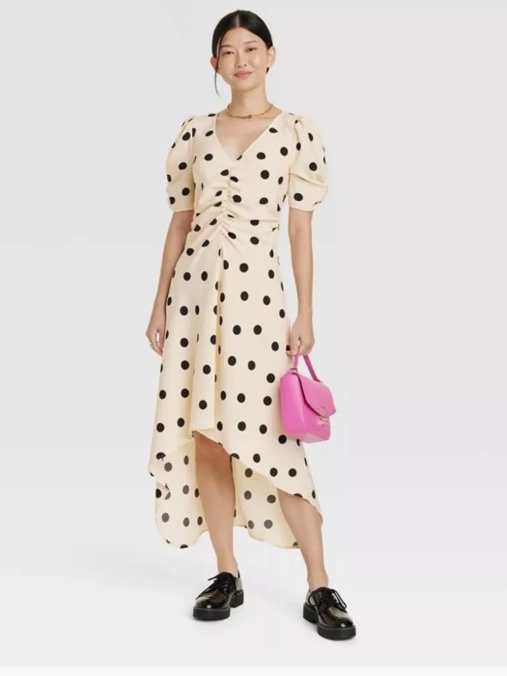 Polka Dot Cream High Low Dress with Puff Sleeves